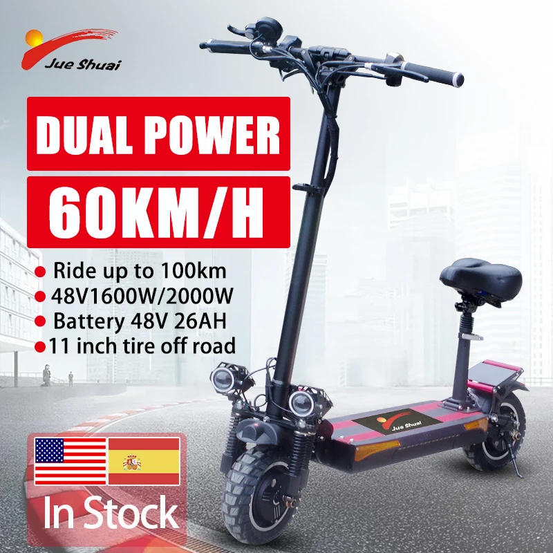 

Jueshuai Electric Scooter 2000W Dual Motor 100KM 10Inch Tire 60KM/H 60V26A Battery Electric Skateboard for Adults